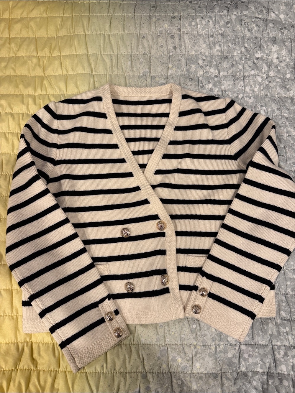 Striped V-Neck Button Cardigan in Cream and Black